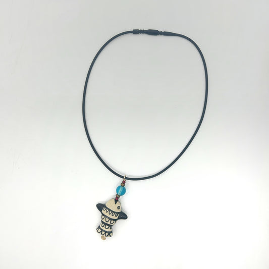 Lisa Smith ~ Ceramic Fish Pendant Necklace, reversible, 2 3/4" x 1 3/8" x 1/4"