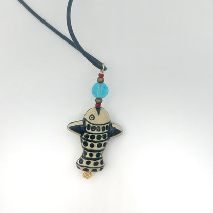 Lisa Smith ~ Ceramic Fish Pendant Necklace, reversible, 2 3/4" x 1 3/8" x 1/4"