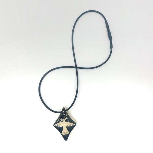 Lisa Smith ~ Ceramic "Bird / Love" Pendant Necklace, reversible,  2 3/4" x 1 1/4" x 1/4"