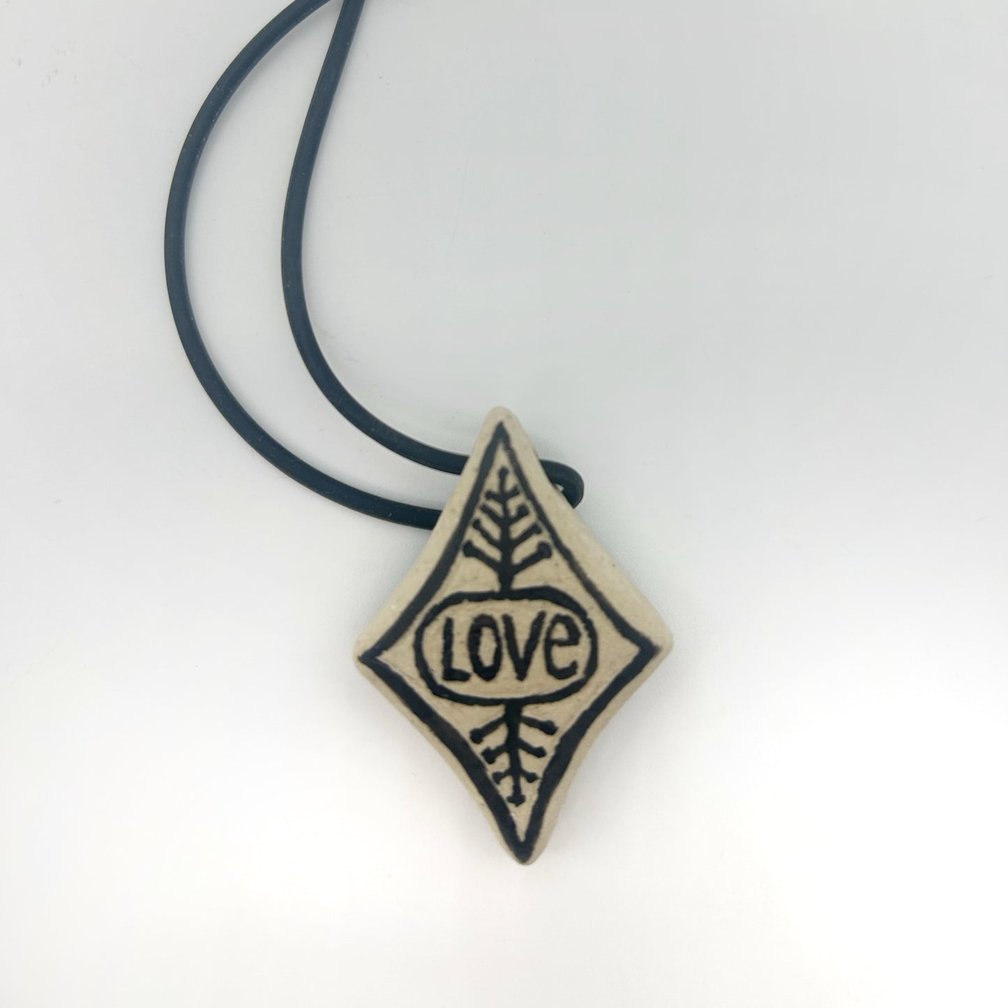Lisa Smith ~ Ceramic "Bird / Love" Pendant Necklace, reversible,  2 3/4" x 1 1/4" x 1/4"