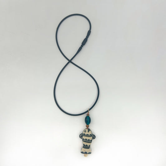 Lisa Smith ~ Ceramic Fish Pendant Necklace, reversible, 2 3/4" x 1" x 1/4"