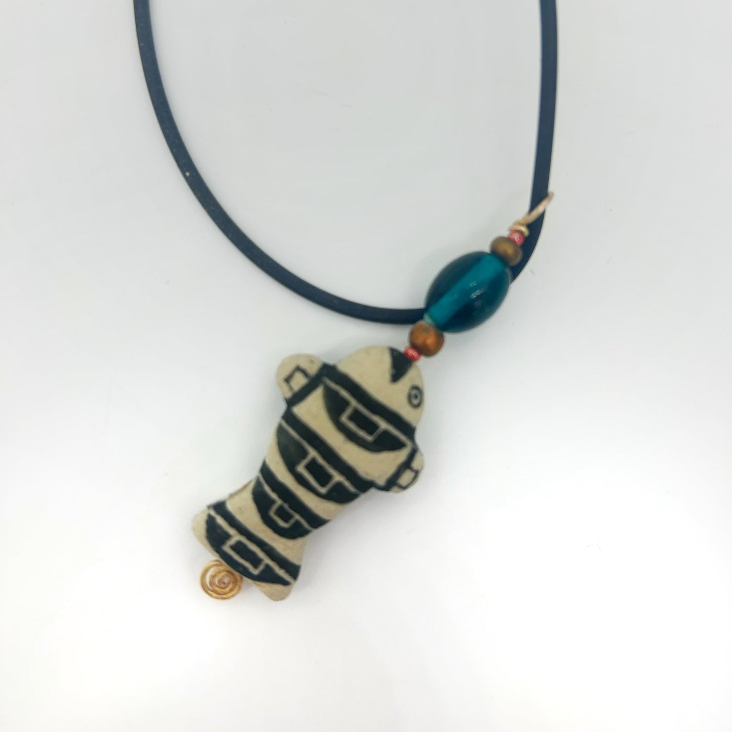 Lisa Smith ~ Ceramic Fish Pendant Necklace, reversible, 2 3/4" x 1" x 1/4"