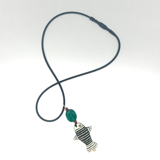 Lisa Smith ~ Ceramic Fish Pendant Necklace, reversible, 2 1/2" x 1" x 1/4"