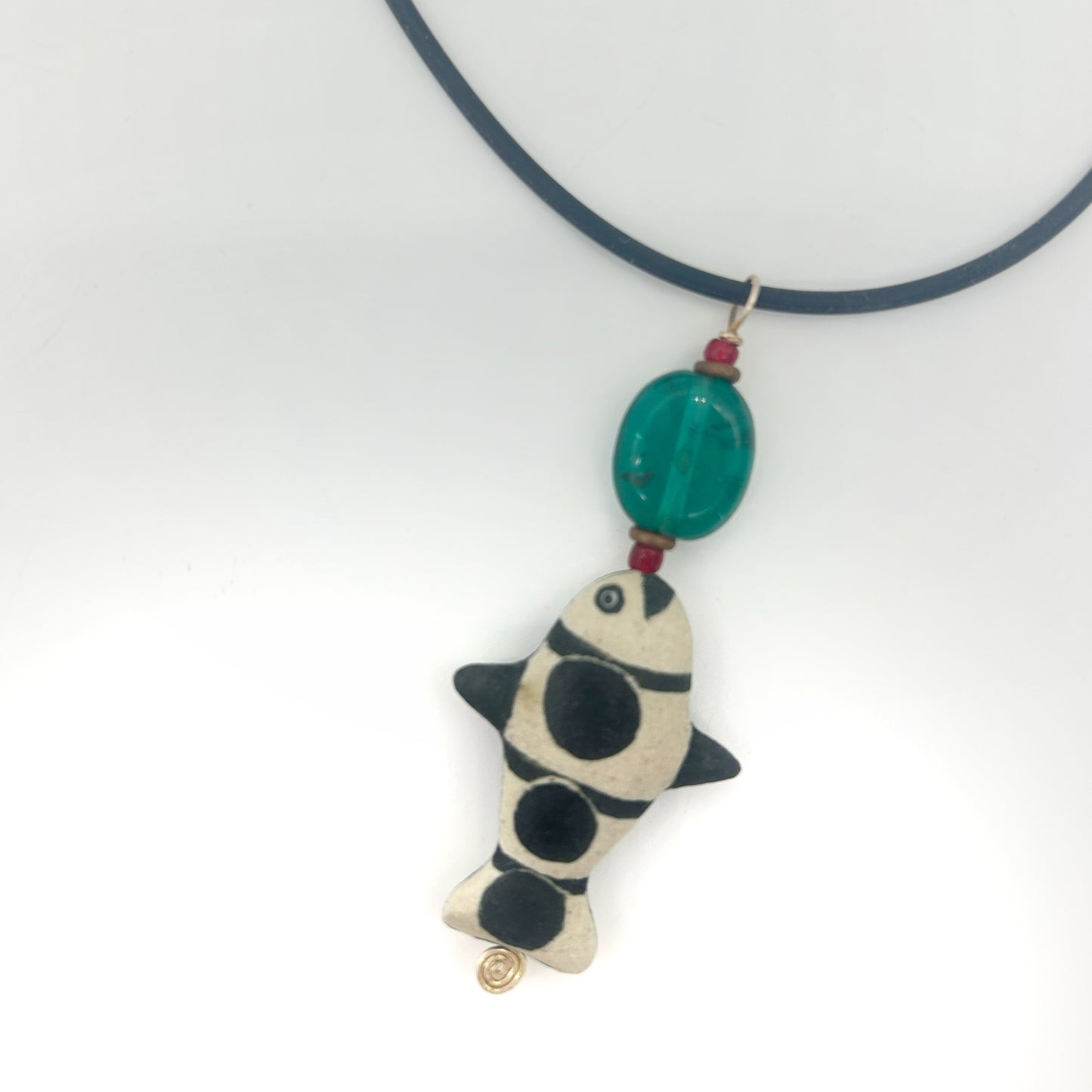 Lisa Smith ~ Ceramic Fish Pendant Necklace, reversible, 2 1/2" x 1" x 1/4"