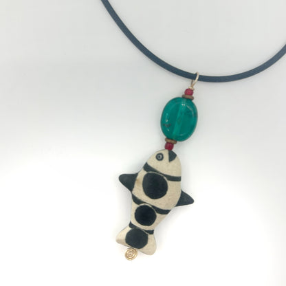 Lisa Smith ~ Ceramic Fish Pendant Necklace, reversible, 2 1/2" x 1" x 1/4"