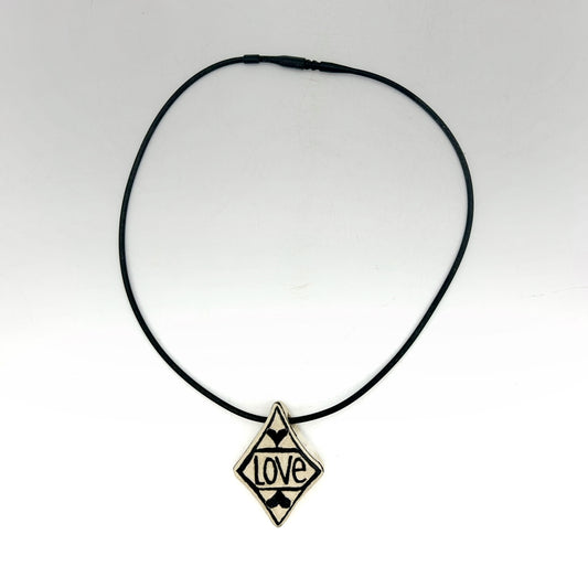 Lisa Smith ~ Ceramic "Love / Plant" Pendant Necklace, reversible 1 3/4" x 1 1/4" x 1/2" on 16"