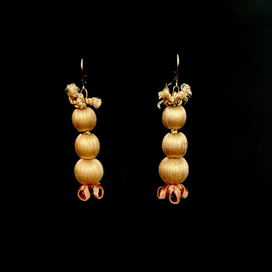 Mary Buck ~ Antique French Pompom Tassel Earrings in Blush, 2" x 1/2"