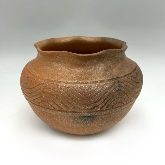 Rhonda Avidon ~ 4 Quart Mica Bean Pot with Fluted Rim and Incised Design, 6" x 9 1/4" x 9 1/4"
