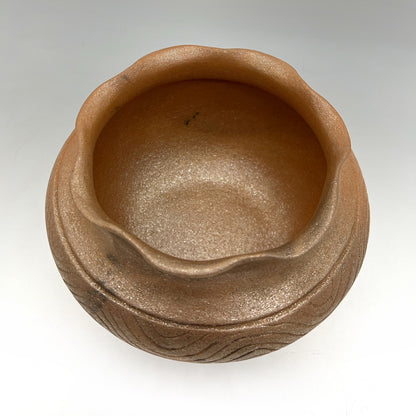 Rhonda Avidon ~ 4 Quart Mica Bean Pot with Fluted Rim and Incised Design, 6" x 9 1/4" x 9 1/4"