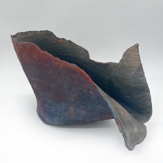 Suzanne Vilmain ~ "Cardigan Sweater" Torn Clay Raku Vessel, 9" x 4 1/2" x 7"
