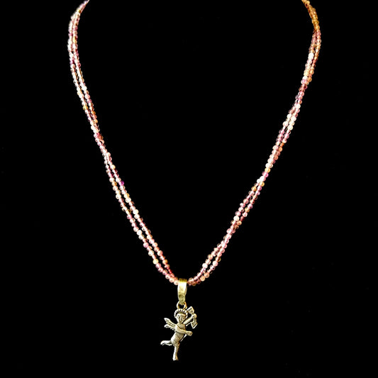 Yesenia Salgado ~ Amethyst & Seed Bead Necklace ~ Cupid Pendant , 1 1/2" x 1/2" on 15"