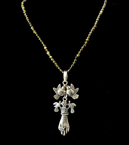 Yesenia Salgado ~ Smoke Agate Necklace ~ Lovebird & Hand Pendant, 2 2/3" x 1 1/4" on 22"
