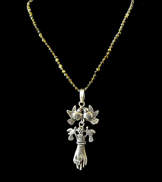 Yesenia Salgado ~ Smoke Agate Necklace ~ Lovebird & Hand Pendant, 2 2/3" x 1 1/4" on 22"
