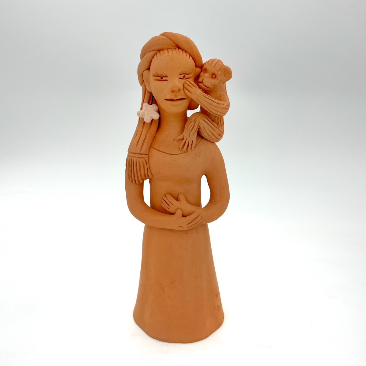 Small Frida with Monkey, natural clay