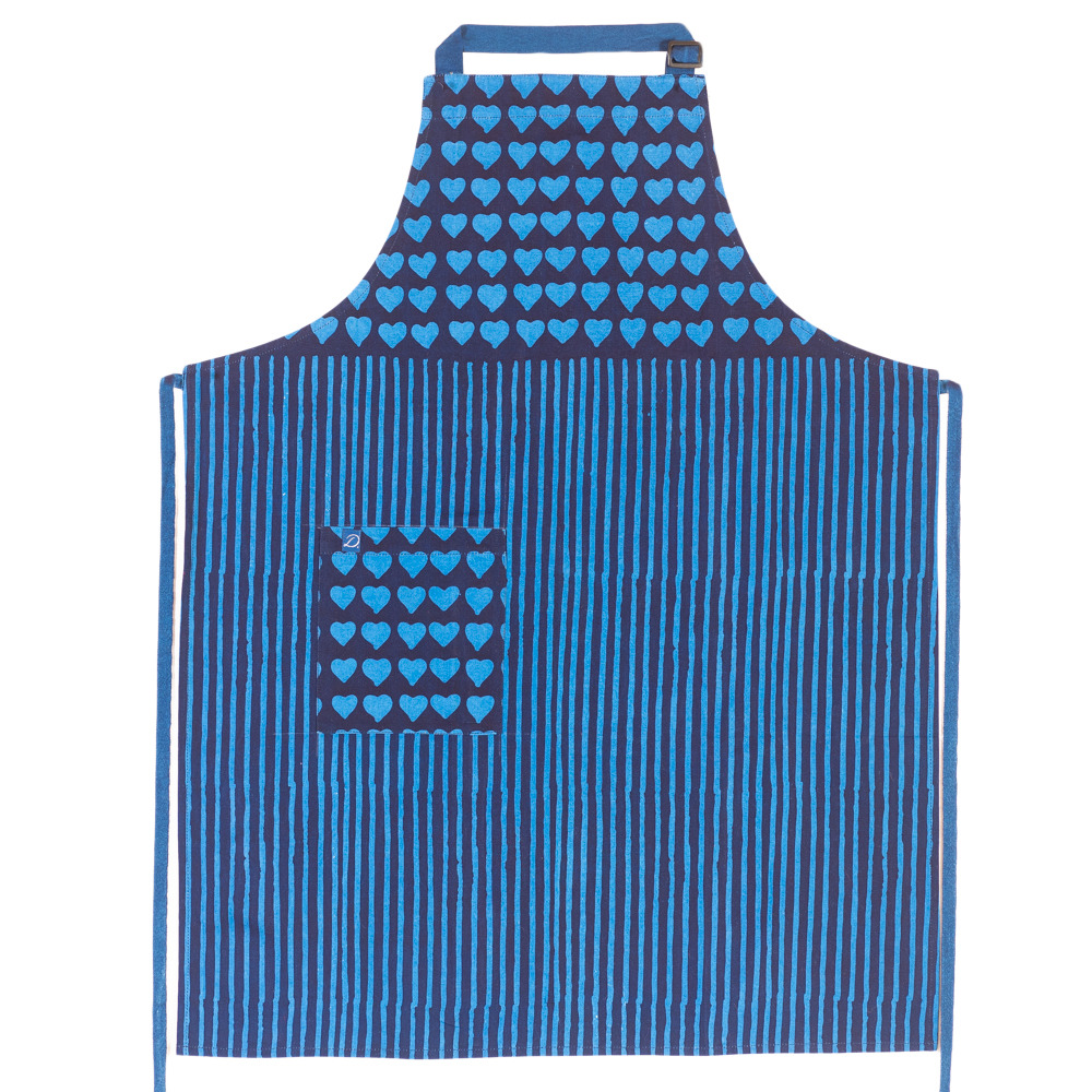 Hand Blocked Theo Collection Apron, Two Blues Heart and Stripe