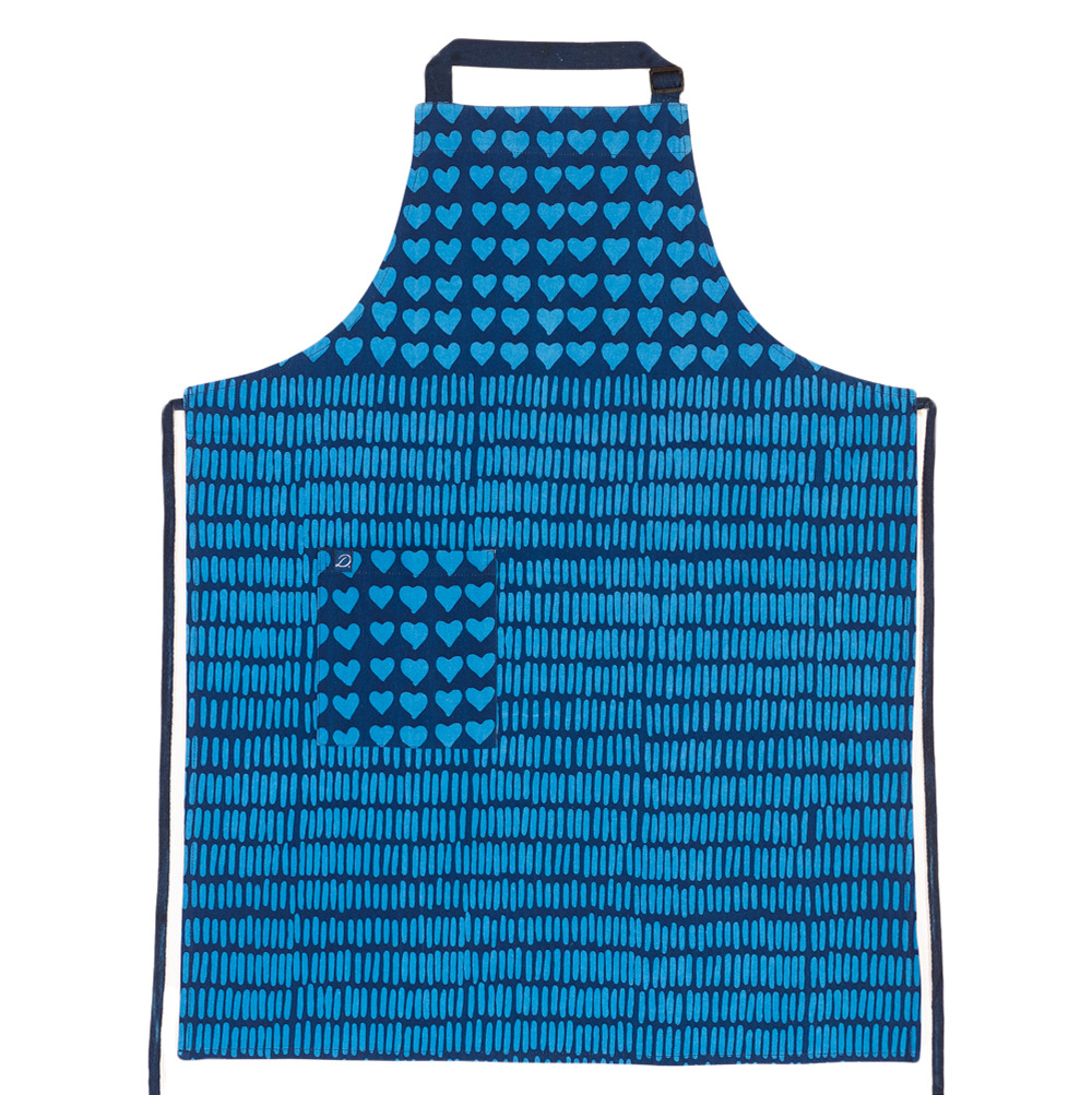 Hand Blocked Theo Collection Apron, Two Blues Heart and Hash Mark
