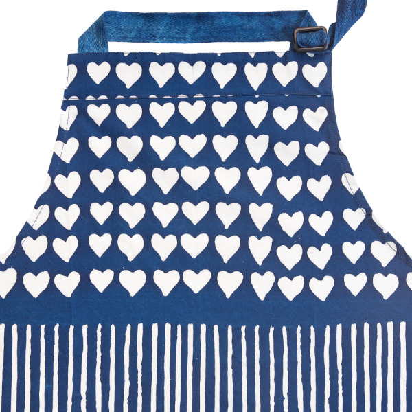 Hand Blocked Theo Collection Apron White and Blue Heart and Stripe