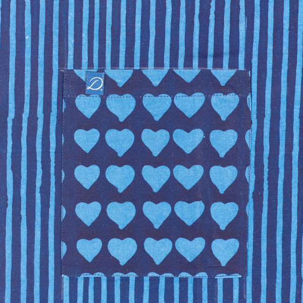 Hand Blocked Theo Collection Apron, Two Blues Heart and Stripe